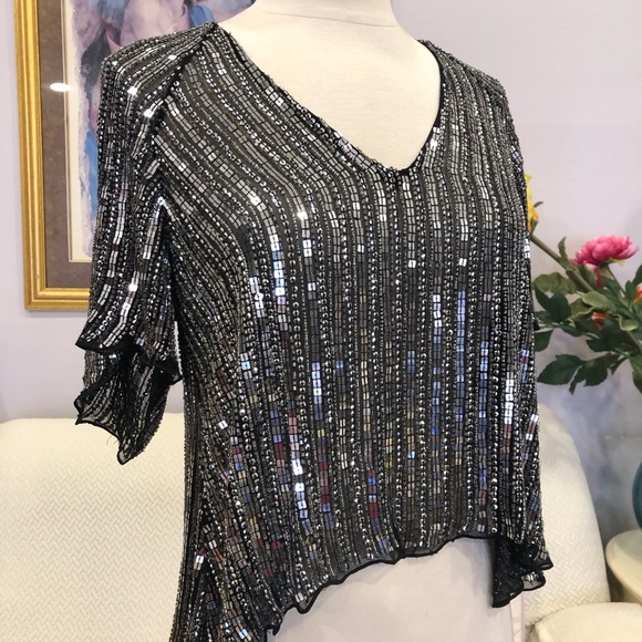 Parker Gunmetal high low silver sequin silk blouse size small new! - Picture 1 of 6